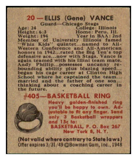 1948 Bowman Basketball #020 Gene Vance Stags NR-MT 507263
