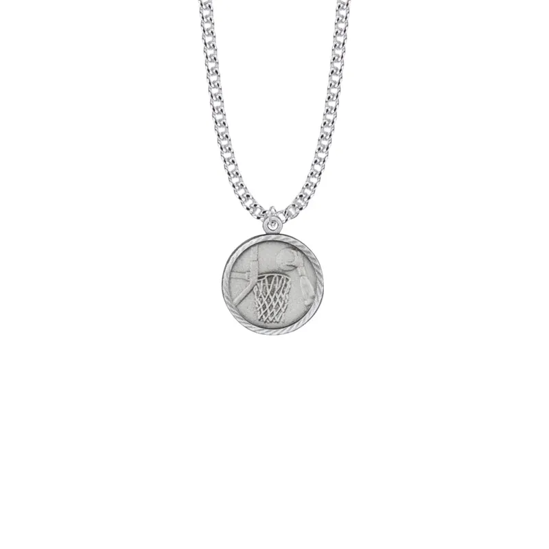 7/8 Inch Pewter Round Basketball Medal with St. Christopher on Back