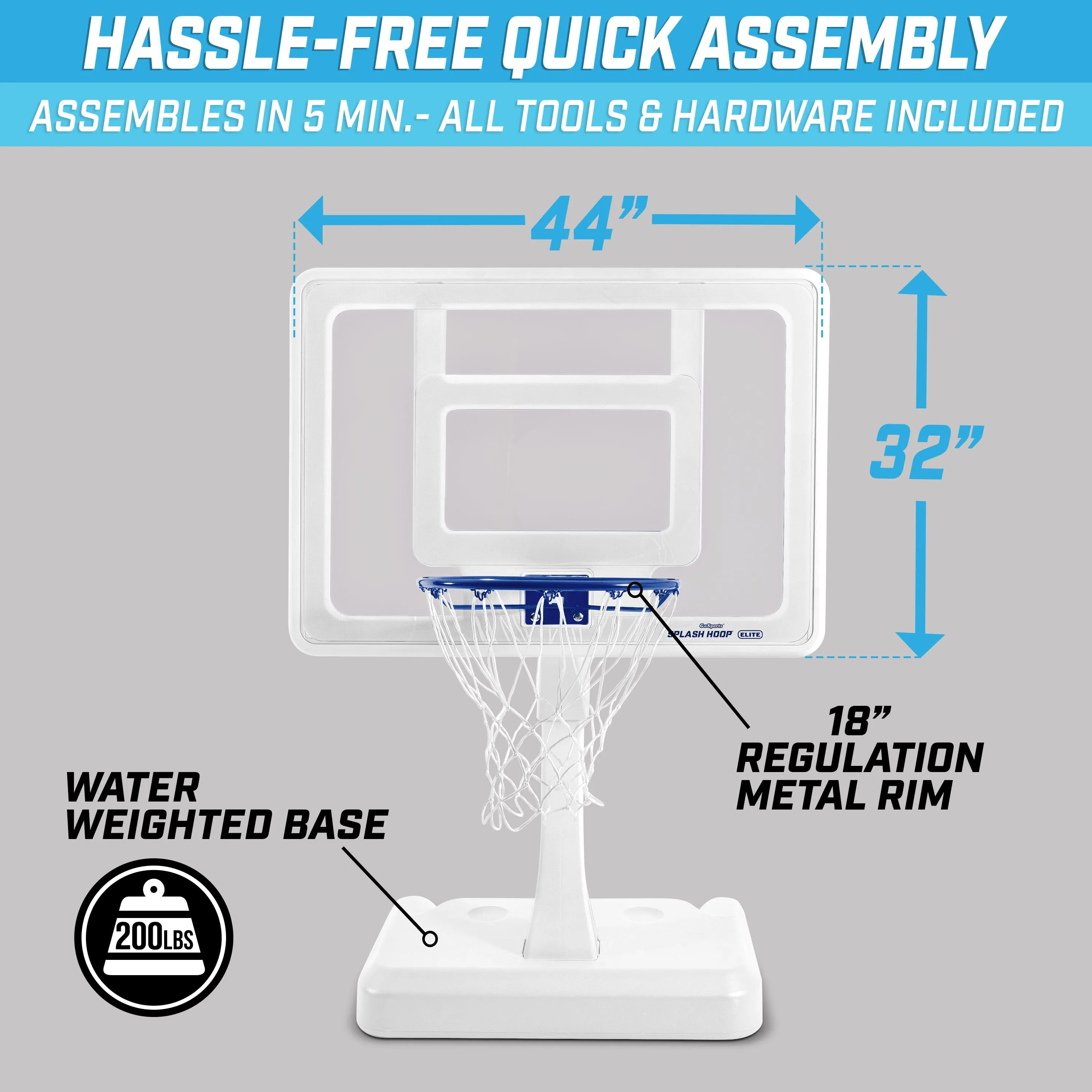 GoSports Splash Hoop ELITE Pool Hoop Basketball Game with Water Weighted Base, Adjustable Height, Regulation Steel Rim and 2 Pool Basketballs