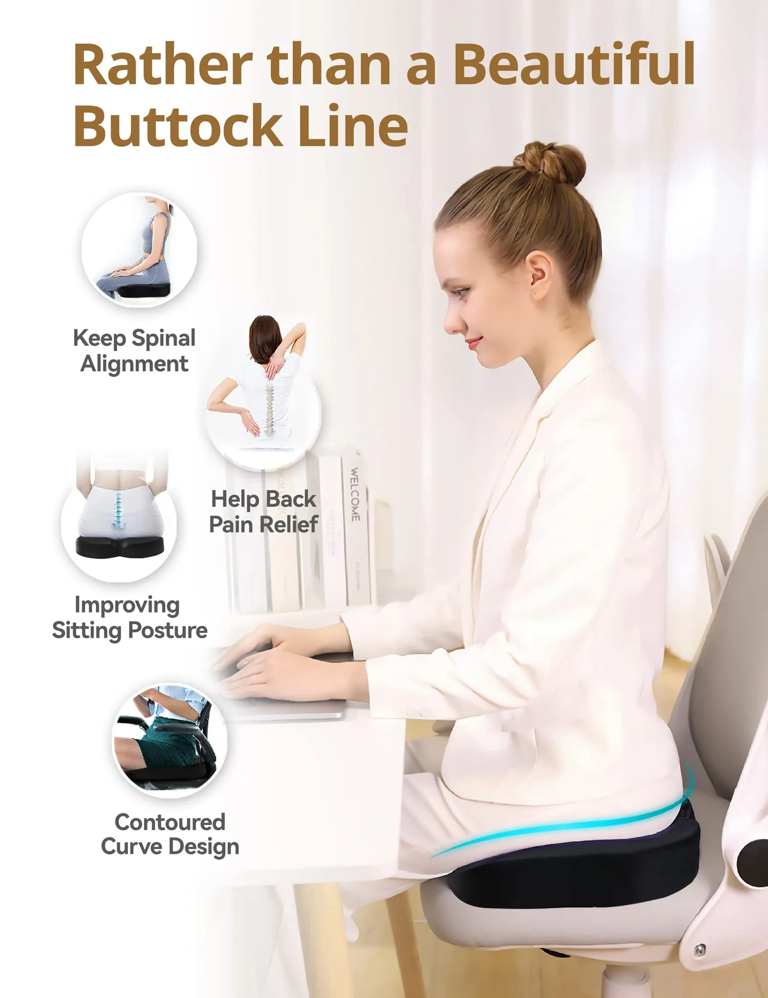 Memory Foam Coccyx Orthopedic Seat Cushion, TRAVEL EASE Seat Cushion for Lower Back Pain and Sciatica Tailbone Pain Relief – Fit for Office Chair, Car Seat, Wheelchair (Black)