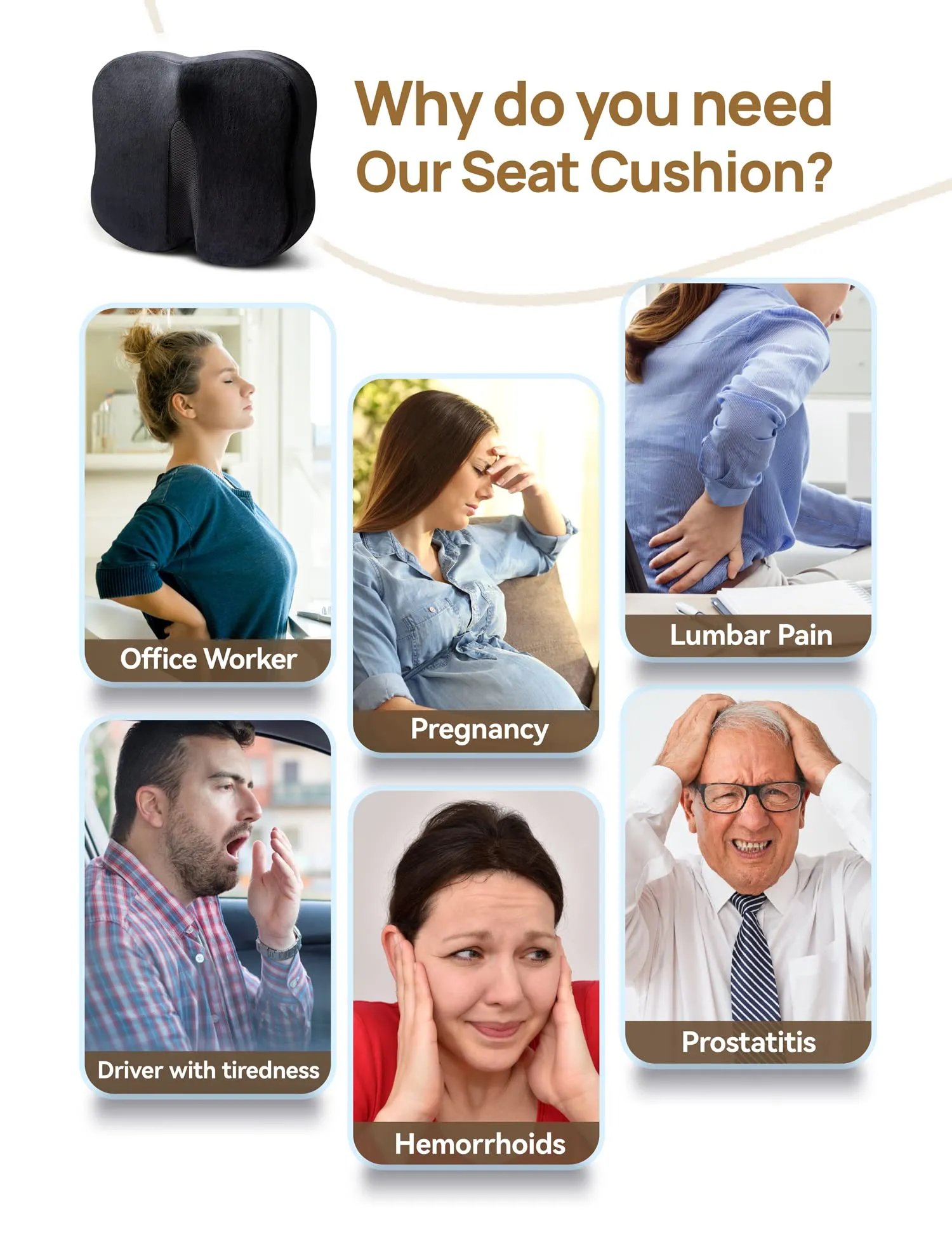Memory Foam Coccyx Orthopedic Seat Cushion, TRAVEL EASE Seat Cushion for Lower Back Pain and Sciatica Tailbone Pain Relief – Fit for Office Chair, Car Seat, Wheelchair (Black)