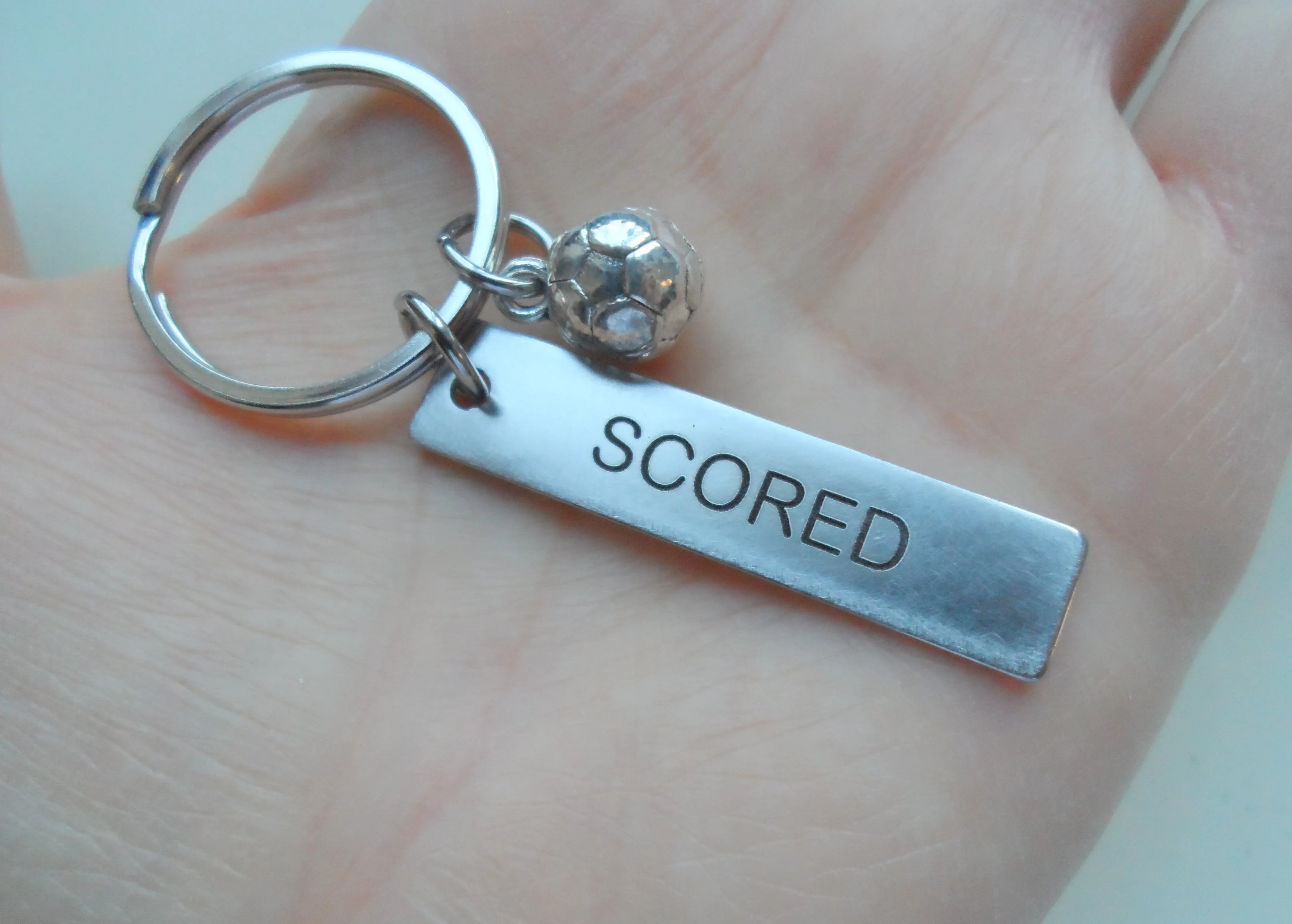 Soccer Ball Charm Keychain and Custom Engraved Steel Tag