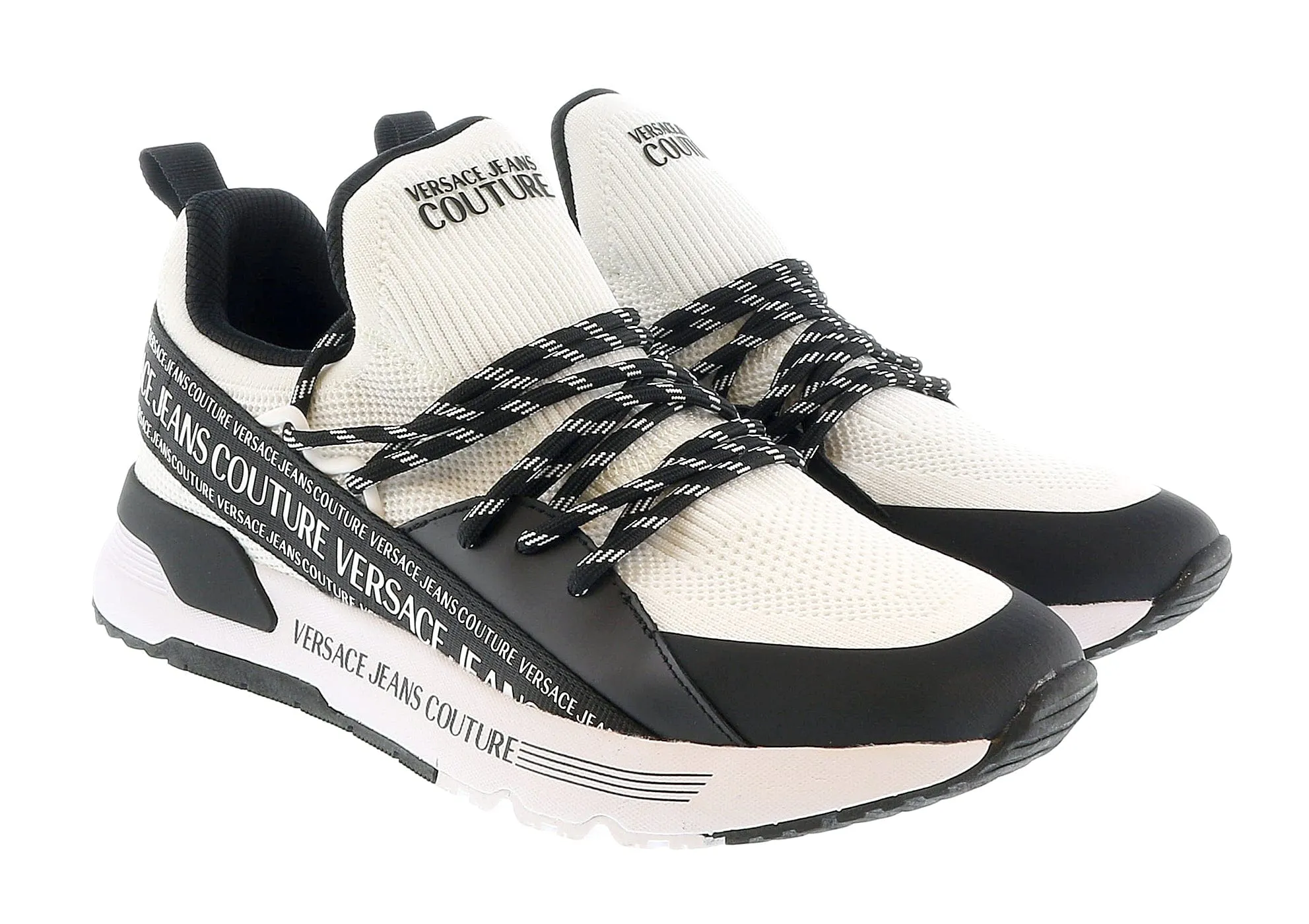 Versace Jeans Couture White Lace Up Athletic Fashion Comfort Knit Sneakers-